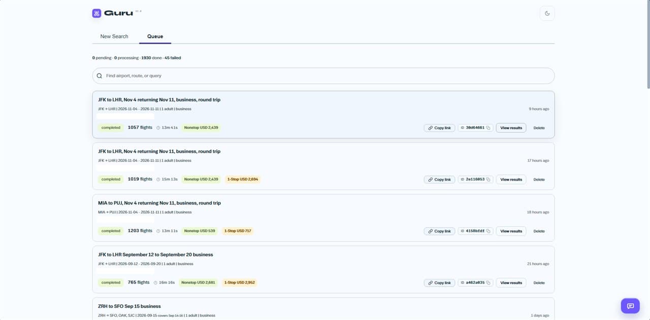 The queue — every search resumable and reviewable