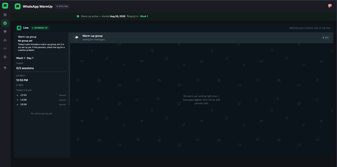 Live — the warm-up rendered as a real-time group chat